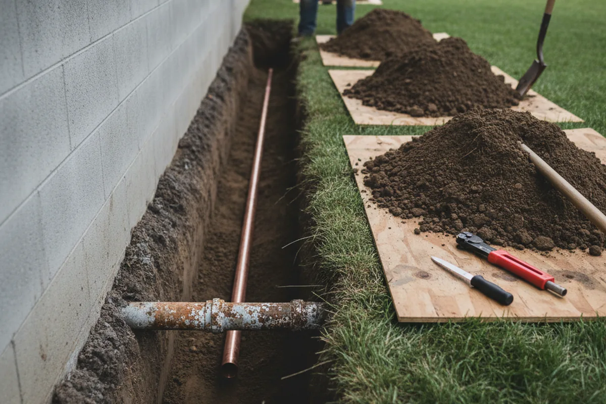 Excavated water line trench during Sewer Line Repair in Mooreville